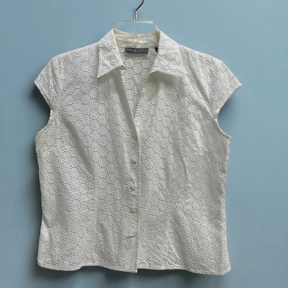 Kate Hill Tops - Kate Hill Women's White Eyelet Button-Down Lined Short Sleeve Top Size 14P